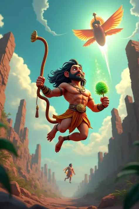 Create 3d cartoon style "In the foreground, Hanuman, the mighty monkey god, is flying through the air, carrying a mountain with a glowing herb for the healing of Lakshmana. The battlefield is vast, with the ruins of the city of Lanka in the background, and...