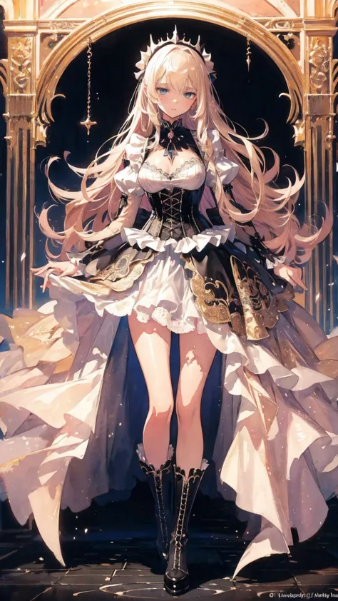 (((nsfw)))、 (((watercolor))), (((gothic))),  A young woman stands among elaborate decorations 、 captivating scene  , she was adorned with hair accessories、she is medium length,  Wavy golden hair..。.。Super mini skirt with frills, sheの表情は自然だ,  calm expression . she wore a frilly-sleeved miniskirt and a tight corset....、she&#39;  wears a gorgeous off-the-shoulder white dress  。,   creates a whimsical and romantic atmosphere   . sheのポーズはリラックスしている,   rear view of posture、she is lifting her skirt with both hands。   white panties 。 camel toe 、 そしてsheは&#39;Turn slightly to the side,   rear view of posture、  gives a sense of contemplation and contemplation  . The background is vivid, Blooming flowers and intricate designs,   is whimsical and creates a romantic vibe  . 背後から差し込む自然光がsheの周りに柔らかな輝きを放つ...., The delicate details of the costume、Enhance the vibrant colors of the landscape.    I wear black stockings with delicate shoes   ...., Taking the audience into a dream world. 

A woman standing in a courtyard wearing a dress and boots, (((watercolor))),    Anime with beautiful animated art   ,    Anime with beautiful animated art   work, Kschat Krentz Key Art Feminine,  Gway's  , Anime Art Nouveau, Detailed Key Anime Art,  Anime full body illustration ,  barrel  ,  Pixiv Digital Art,     Beautiful fantasy anime    