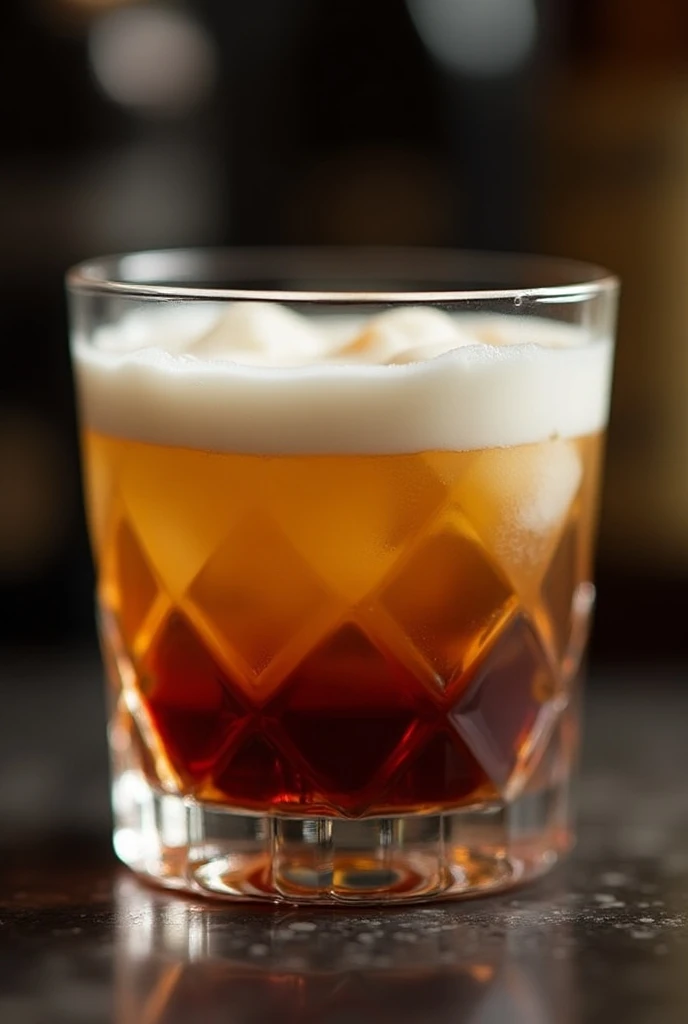 A professional realistic image of a White Russian cocktail in a faceted rocks glass, where the cocktail is white on top and very dark on the bottom. On the bar counter