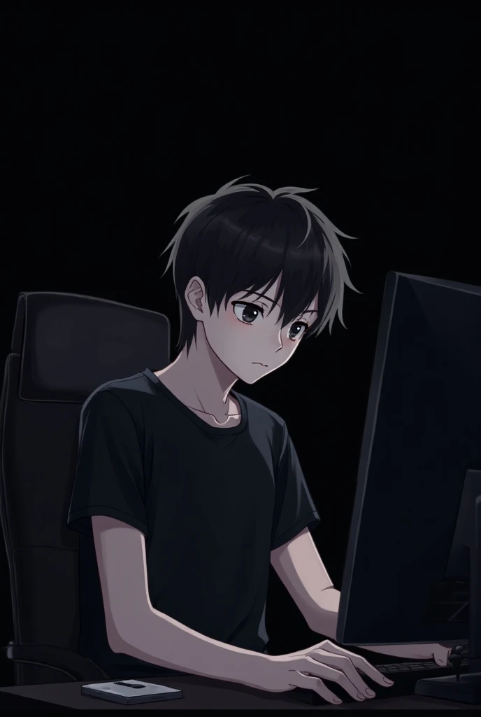 An Anime boy with a white outline working on his computer and wearing a jet black tshirt with a jet black background 