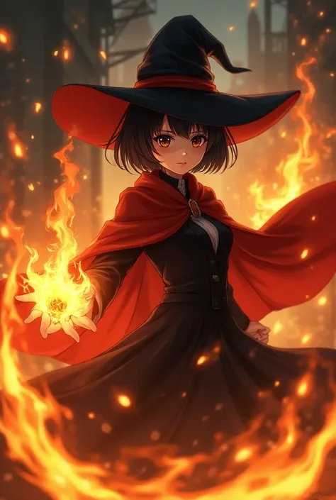  Anime style,  A wizard manipulating fire , black and short hair, wearing a witch hat ,  wearing a red cape and shades of black clothes, naked eyes, black eyes,  small breasts .