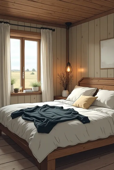 Une grande chambre dans une magnifique ferme où il y aurait un sweat gris foncer pour femme  posé à plat  sur le lit dans un style graphique bd française 2D. Les coups de crayon doivent être extrêmement détaillés le plus possible  les couleurs harmonieuses...