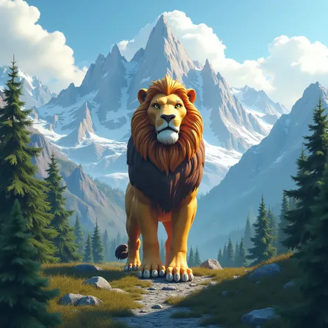 3d logo background mountains and forest and in the middle lion