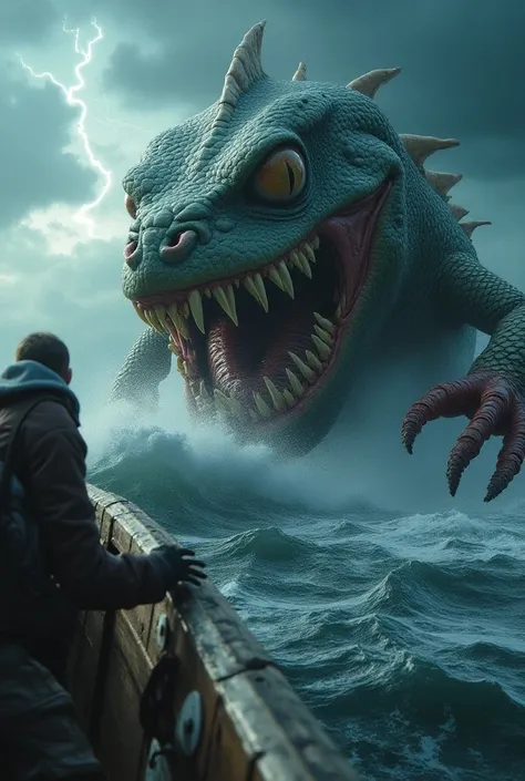  A hyperrealistic and highly detailed scene of a colossal sea monster emerging from a turbulent ocean,  clinging firmly to the side of a weathered wooden boat marked by time .  The creature combines characteristics of crustacean and marine reptile ,  with ...