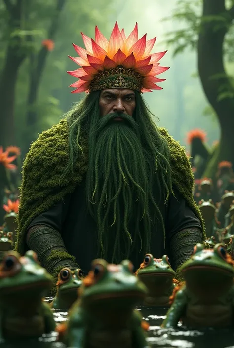 The swamp king with a beautiful crown of lotus flowers and beard full of moss among the frog soldiers