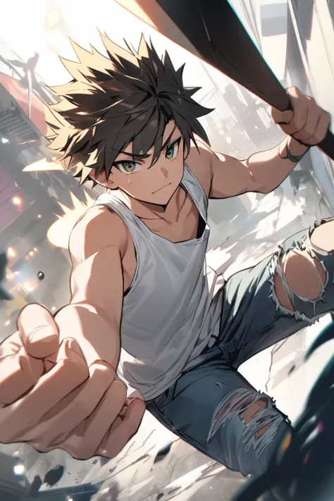 an energetic teenager boy. wearing white singlet and ripped jeans. dark spiky hair. short axe on his hand