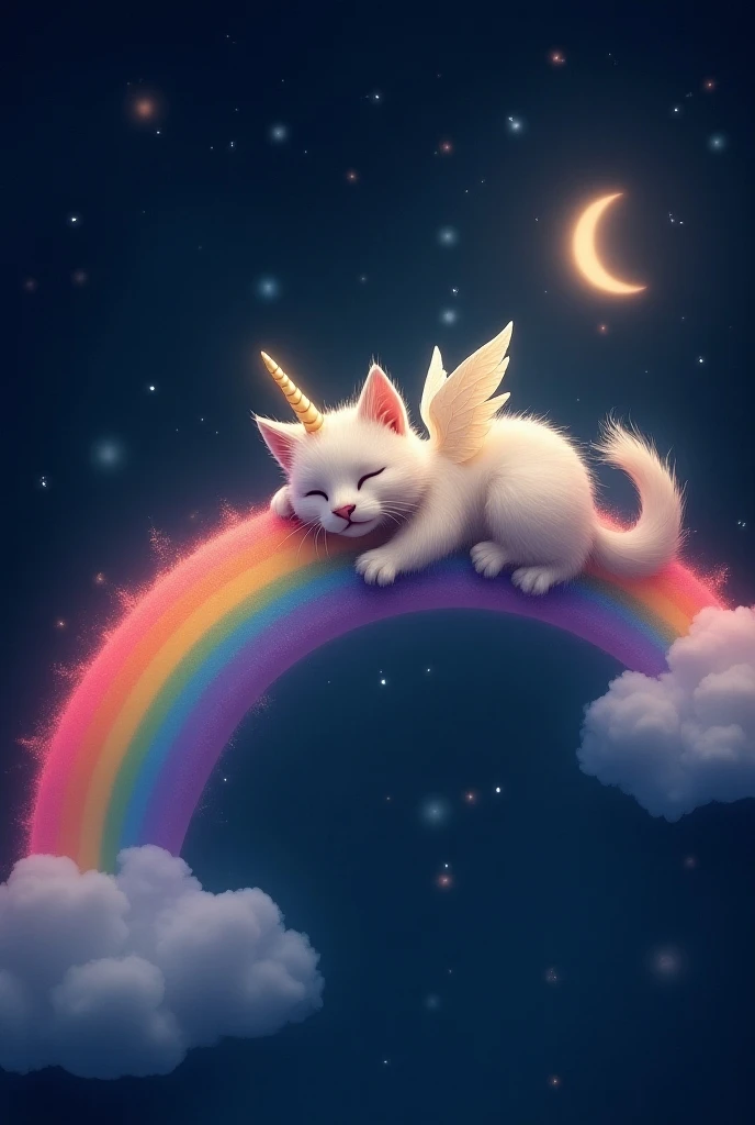 A cat with wings and a horn sleeps on a rainbow in the cosmos in the background of the month