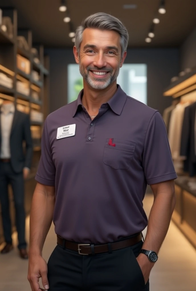 Create a realistic male sales assistant that wears purple-grey polo, a black slacks, with red ID lace and a white name tag on the left side of the polo. Has a watch on left hand, smiling. 