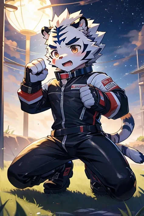 Kogenta (Onmyou Taisenki), A furry white tiger ,Shota,(,Tiger Tail,Prototype White Tiger,Thick eyebrows,Moderately strong body), Wearing a one-piece racing suit( long sleeve leather jacket, Leather Pants ),, Racing Gloves ,Racing Boots (Motorcycle Boots),,...