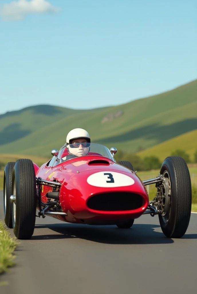 1961 Ferrari 156 Sharknose **: " A classic Formula 1 car ,  the 1961 Ferrari 156 Sharknose , on a race track.  The body is made of an iconic Ferrari red ,  with distinctive shark nose air vents in the front .  The car is on a rural track ,  with green hill...