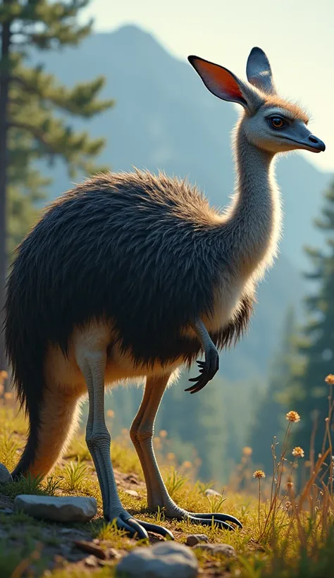 Heres the powerfull hybrid image of a kangaroo-ostrich creature in the serene alpine forest setting, with elements from both animals blending naturally. Let me know if there’s anything else you’d like!