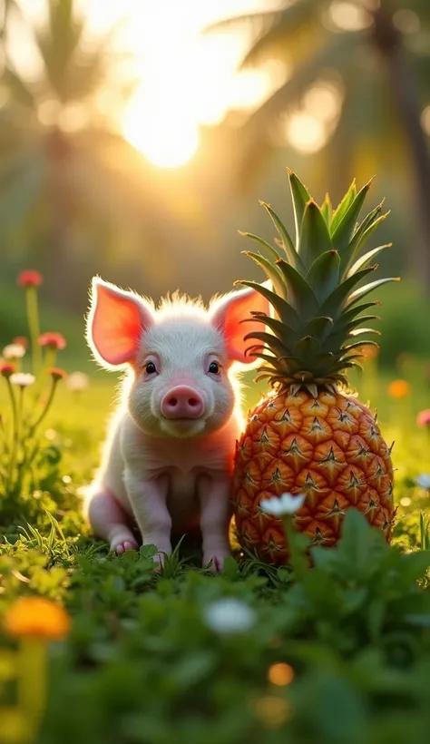 An adorable, fluffy little mini pig sits in a lush tropical field, its natural pink fur contrasting beautifully with the vibrant green grass and scattered wildflowers. The pigs small, round body and short, stubby legs give it an incredibly cute appearance....