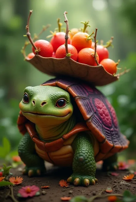 Make a turtle with Grumixama fruit on top of it and with its shell with the color purple and red