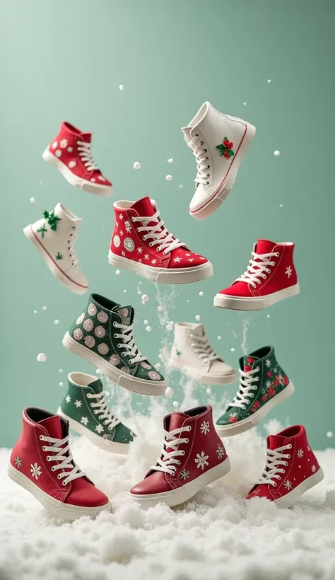 Christmas theme ,  where several sneakers come out without snow and without people