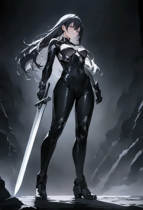 black power suit and sleeve, gauntlet, black tight fitting suit, small subtle metal armor, armor on hips, show bare shoulder, holding a large sword, perfect body shape, soldier aura, serious effect, thick black long hair, gray eyes, masterpieces, hyper res...