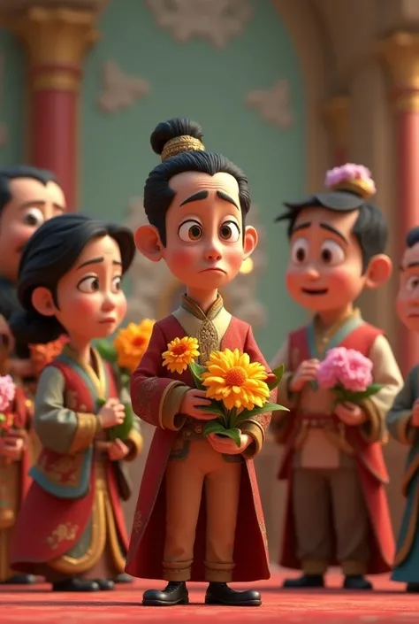 Generate in cinematic 3d cartoon style*
Several courtiers holding different flowers, looking disappointed and worried as they realize the flowers will eventually wither. The scene shows their frustration and failed attempts."