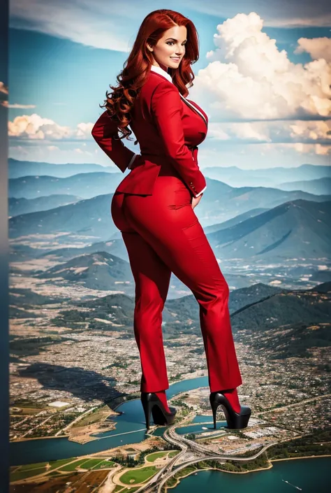 A school girl, with a beautiful smile, curvaceous figure, massive beast, and long wavy bright red hair, with a curvaceous figure and massive breasts. wearing her college uniform of a trouser suit and blazer, white colege shirt and large thick red tie and r...