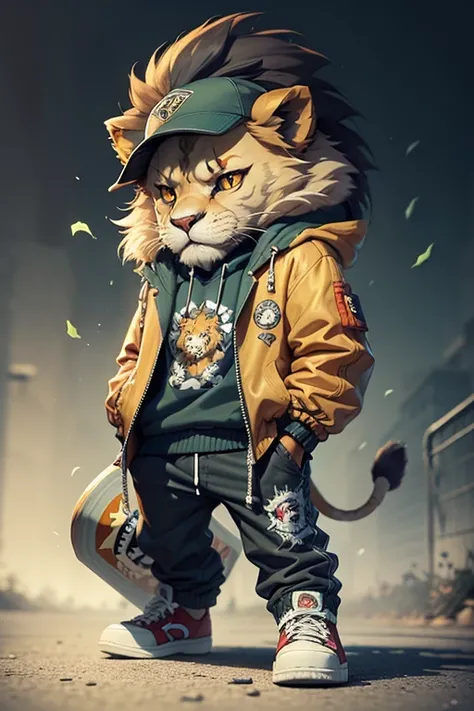 Cartoon Lion with jacket and skateboard