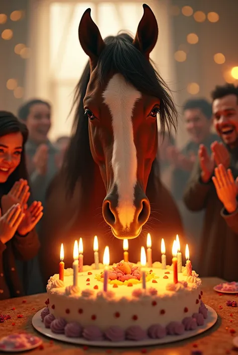 a horse blowing out birthday cake candles, surrounded by people clapping and celebrating, highly detailed, photorealistic, 8k, intricate details, dynamic composition, warm lighting, vibrant colors, whimsical, playful, sense of joy and celebration, cinemati...