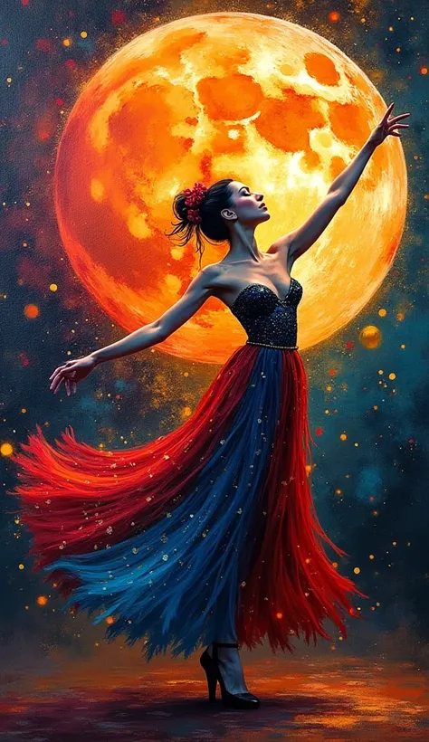 Create another image that reflects the dances of Peru in the 1900s with a typical costume of that time in Peru 
(Abstract Impasto painting:0.9)) firework :: Rainbow giant fullmoon with Russian ballerina Dancing :: bold and strong texture :: by Henry Asenci...