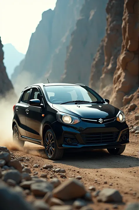 cinematic shot in sporty,stylish 2007 model like original Maruti alto800  black colour with drifting in rocky terrain,8 k HD resolution,hyper realistic 