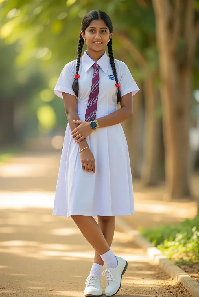 a beautiful cute young teen girl, sri lanka , big breasts size , detailed white frock uniform, color tie , standing , white shoe...