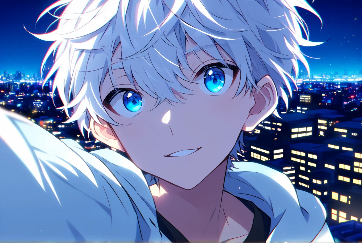 anime of a pretty 20 year old boy with white hair and blue eyes, background city, selfie, night, background light, brillo, tomán...