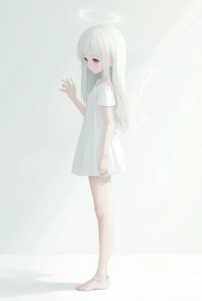 `White shirt dress tee , I have a white pencil in my hand , Long white straight hair , small head, 머리카락 한 가닥  is standing,  small white eyebrows, small neck , white eyes, small eyes, dead eyes, Drowning , small mouth, small stature, small hands, thin hands...