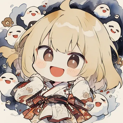 1girl, chibi, cute, pale skin, blonde hair, bob, big droopy eyes, dark brown eyes,
japanese ghosts, drooping sleeves, evil smiling, arms up,
traditional watercolor painting, (masterpiece, best quality, hyper detailed:1.2),