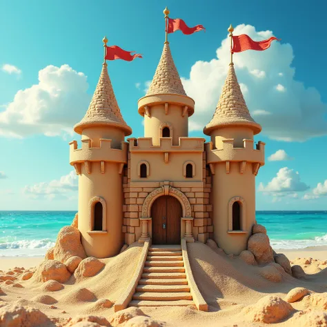  Bright Beach Crumbly sand every grain can be seen glitters , на Берегу моря из Песка Сделан  Beautiful Sand Castle ,  Very Detailed Castle with flags and ornaments ,  Wooden Door with an iron bolt ,  Beautiful Sand Castle ,  Towers How will they be covere...