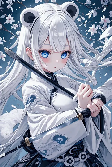  1 girl、 pure white hair、Hold the pattern、 panda ears 、 blue eyes、aldult、knife