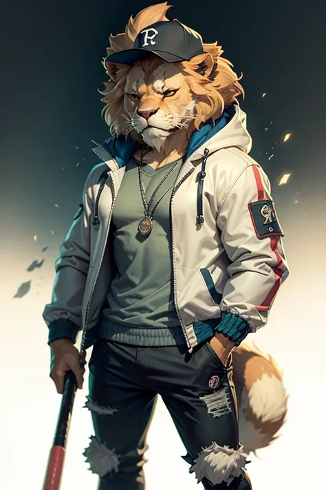 Cartoon Lion with jacket and holding a baseball bat on his shoulder.