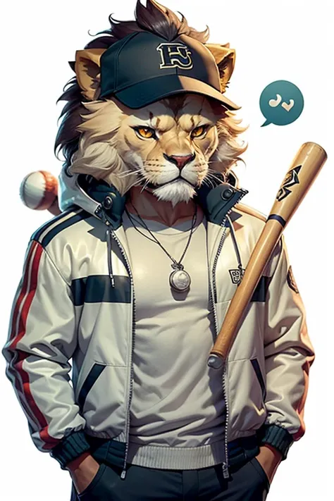 Cartoon Lion with jacket and holding a baseball bat on his shoulder.