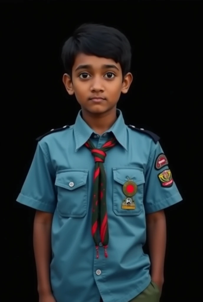 Bangladesh flag with young boy  Bangladesh scout image creator name of Arafat teenage boy is standing in a scout uniform. He has short black hair and a calm expression on his face. The boy is wearing a light blue scout shirt with a small badge on the left ...