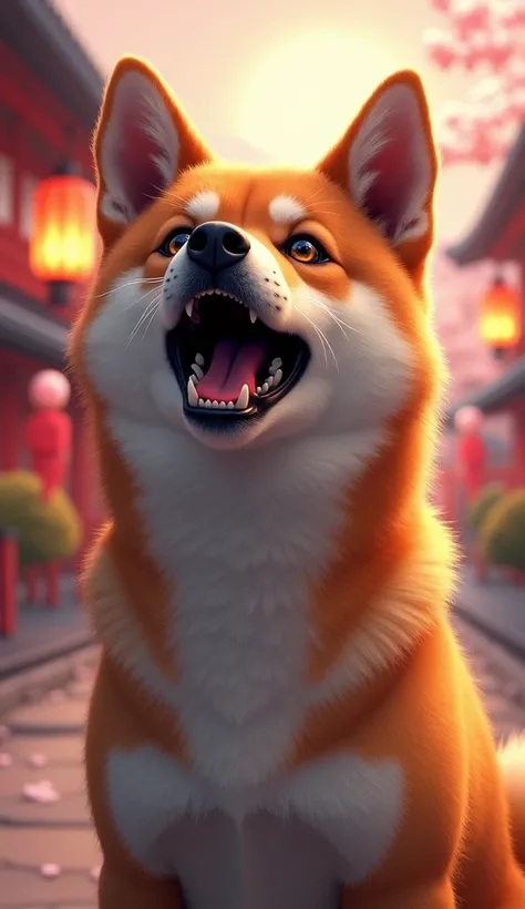  Shiba Inu howling with a unique expression 。 The background contains elements typical of Japan。Shiba Inu-like expression and 、With a composition that makes you feel the atmosphere of Japan、Realistic depiction