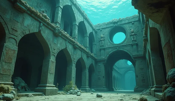 An underwater place with strange symbols on the wall that tell the story of the city and drawings of strange creatures