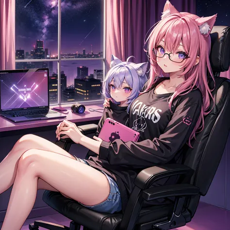 lonely 22 years old catgirl with pink hair she is wearing glasses beautiful eyes and clothes beautiful black t-shirt and sitting a gaming and video game chair behind her laptop near the window night stars purple sky behind her