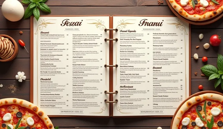 Créer une image dun menu pour le site web de la pizzeria en français Pizzas Classiques Margherita : Sauce tomate, mozzarella fraîche, basilic frais - €8,50 Napolitaine : Sauce tomate, mozzarella, anchois, olives, origan - €9,50 Quatre Saisons : Sauce tomat...