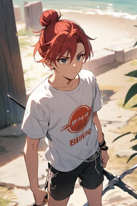 a calm teenager boy. wearing t shirt and short pants. red hair with man bun. bring spear.