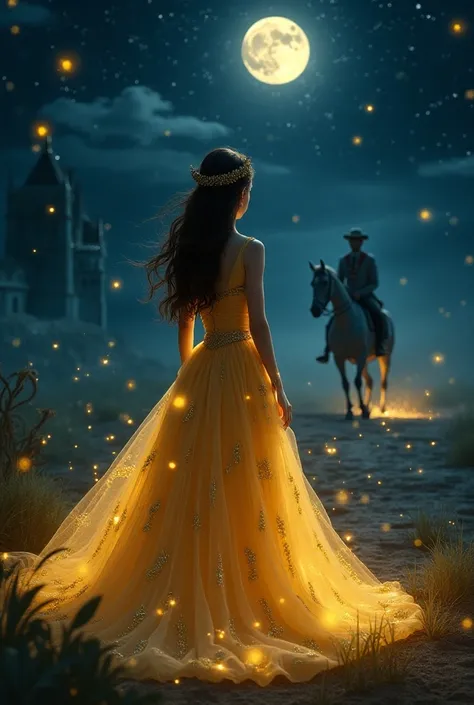 Imagine a girl watching in dark beautiful dark sky and stars palace is infront of her she is standing far wearing a beautiful golden gown her hairs are black and long she is fair  and there a glitter fly around her back ground is breath taking moon is full...