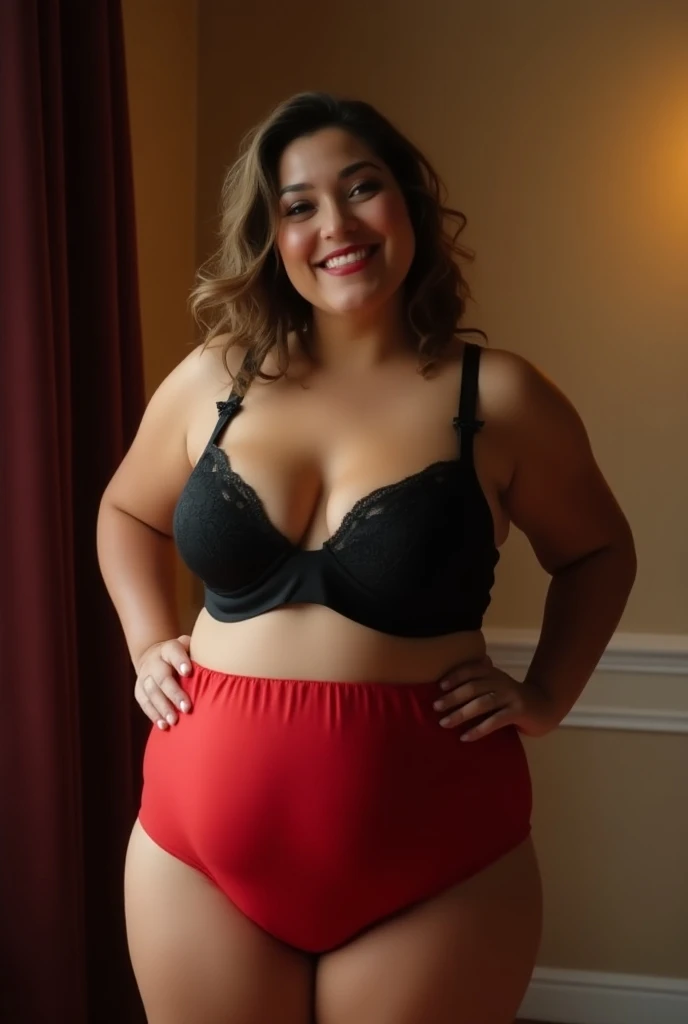 A plus-size woman marrying only in panties and bras, calcinha de cintura alta, bra without bulging , Color of red panties and black bra .