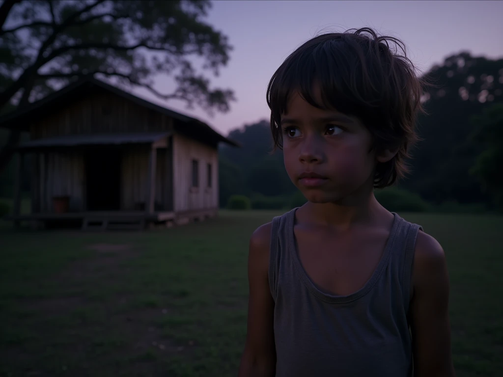 a realistic photograph in Brazil of an eight-year-old boy with disheveled dark brown hair and curious brown eyes,  standing outside a small rural wooden house at dusk . The boy,  pale with an innocent expression ,  looking at a dense, dark forest in the ba...