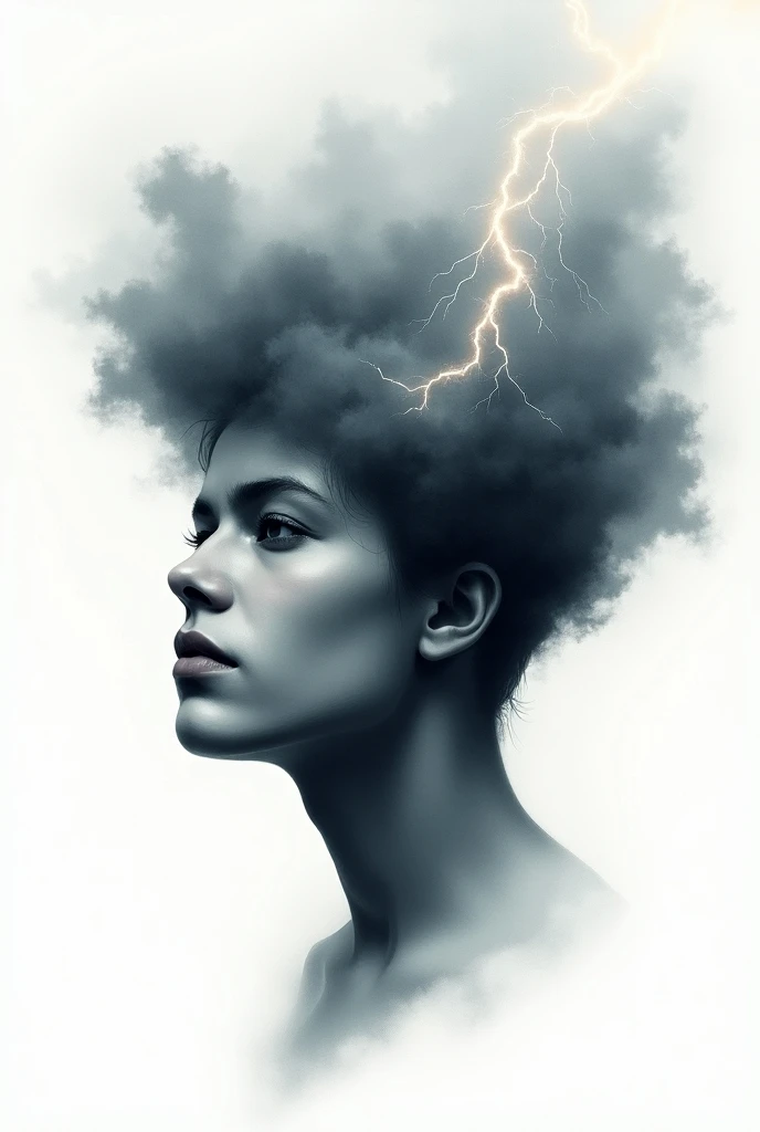 an image of A SAD HEAD WITH THOUGHTS OF DARK CLOUDS AND LIGHTNING , with shade, Watercolor drawing in the middle of a white canvas