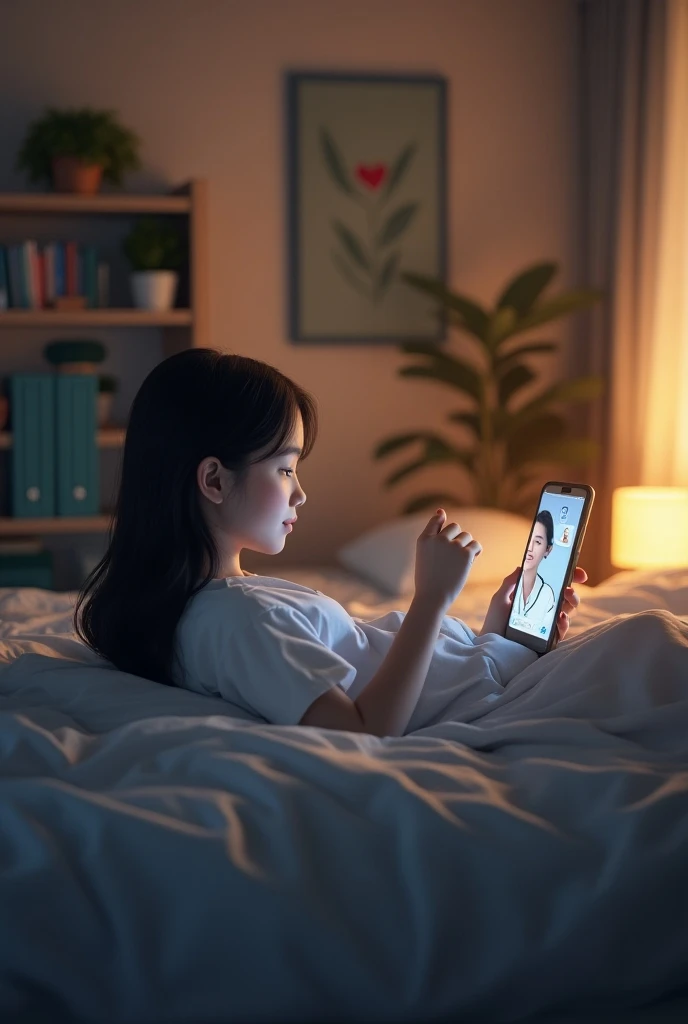 A girl with hair and black eyes who is laying on the bed having a video call with a doctor for her problem . i want this photo which shows in her room . Give the wholz room where I can see all the furnitures 