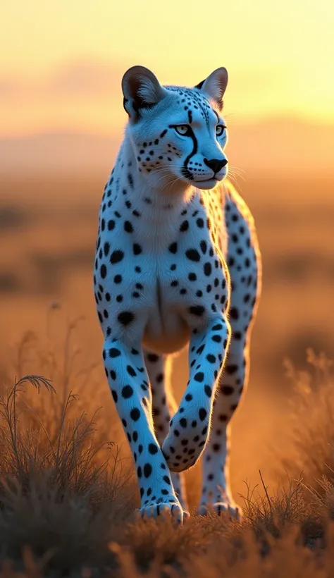 **Prompt:**

In the golden haze of the African savannah, a rare and mesmerizing **Blue Cheetah** darts across the plains. This hybrid, born from the union of a Cheetah and an unknown, ancient wild cat species, has an ethereal blue coat that shimmers with a...