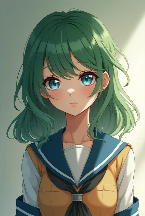 A 16-year-old girl with green hair and blue eyes and is wearing student clothes