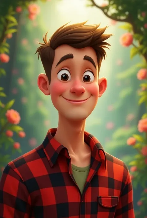 a Disney style, 30 year old man with shaved brown hair, wearing a red checked shirt