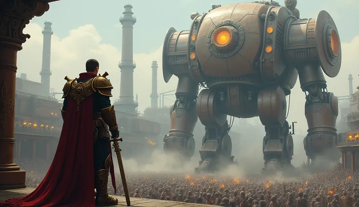 ((best quality)), ((masterpiece)), (detailed), a warlord stands with his back to a balcony facing an army of giant steampunk colossus