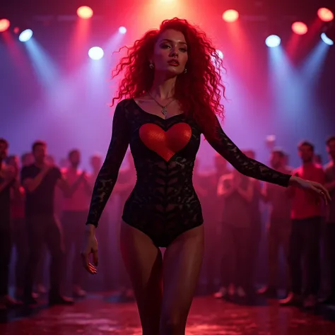 Sent by you:
 create a cinematic image of an attractive woman with long curly hair in fiery red,  wearing a black lace bodysuit with a red heart at the height of the navel ,  is on a stage in the middle of a room dancing with the pol dance bar ,  under the...