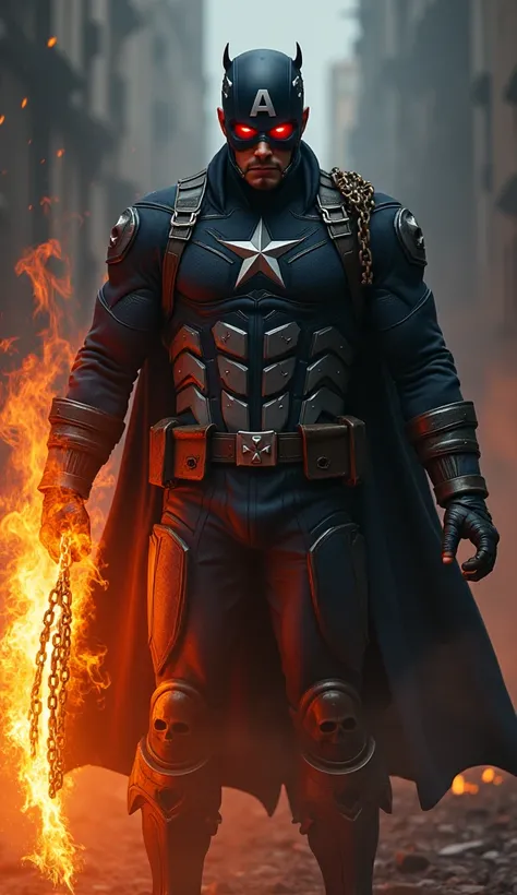 a fiery Captain America shield, a dark Captain America costume with skull motifs and glowing red eyes, superhuman strength, a sense of justice, the ability to summon chains engulfed in flames, dispensing vengeance in the name of justice, 1 character, detai...